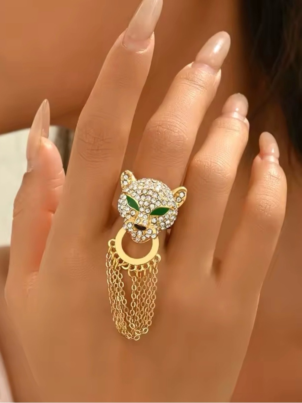 Gold Tone Panther Chain Drop Ring with Green Enamel Eyes